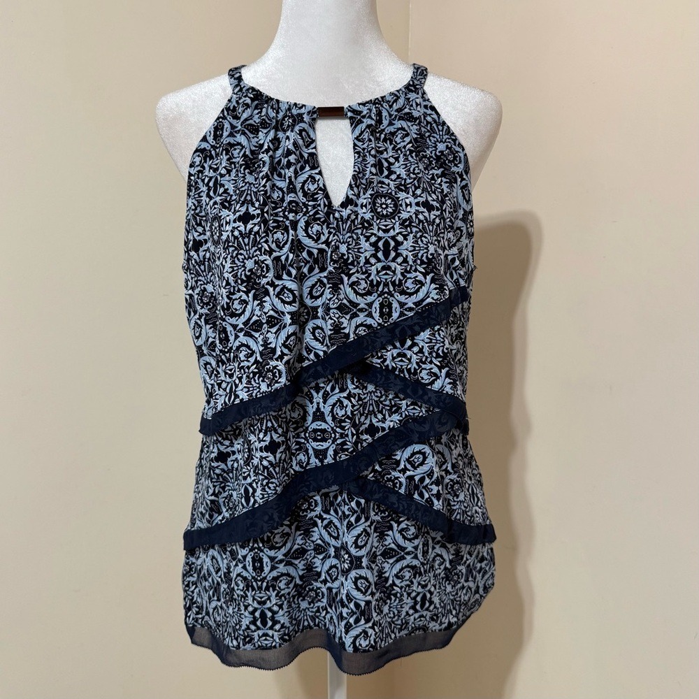White House Black Market Halter Top Womens Small Blue Paisley Tiered Office Chic